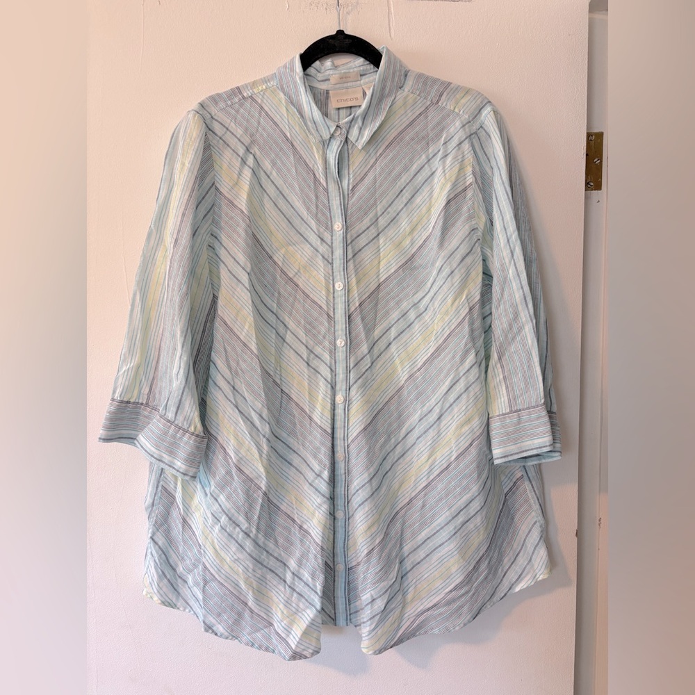 Chicos No Iron 100% Linen Blue White Stripe Tunic Button Down Shirt Sz 3.5 Large